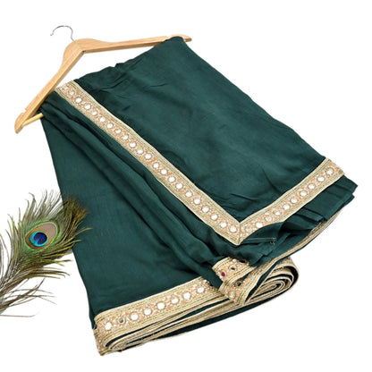 Rare Vintage Deep Green Mirror Pure Silk Saree Hand Embroidered Fabric 5.5 Yards Sari Bollywood Party Wear Ethnic Designer Saree