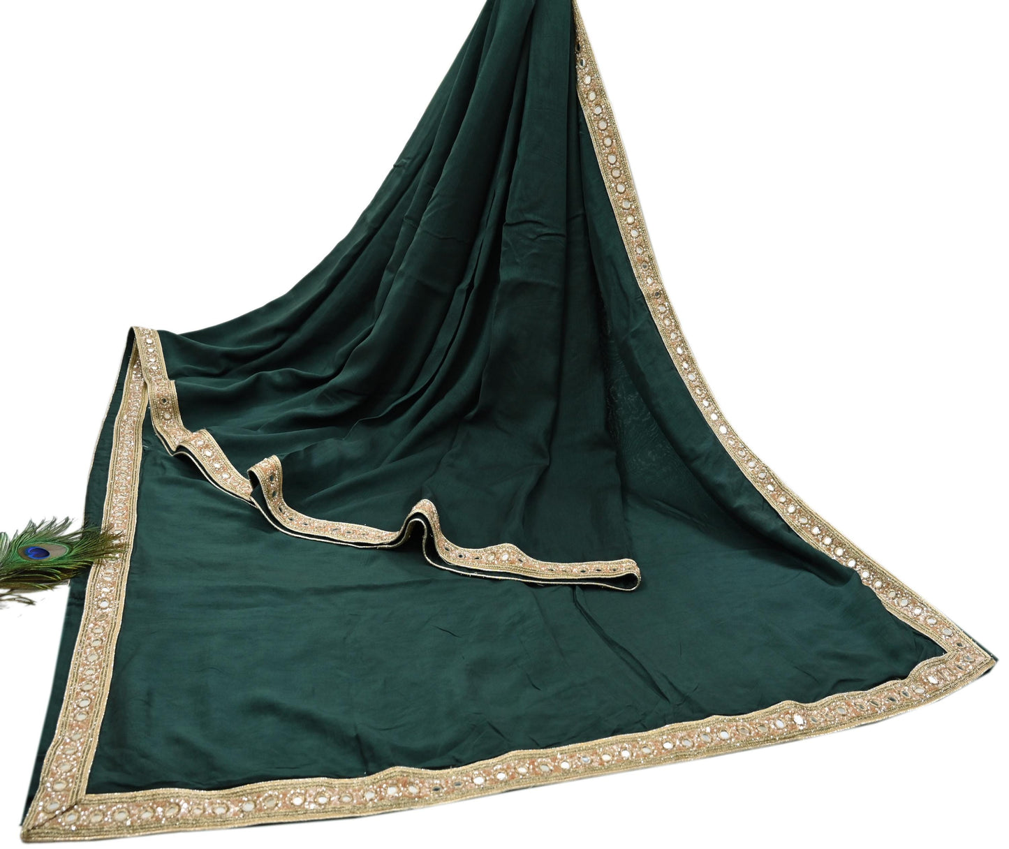 Rare Vintage Deep Green Mirror Pure Silk Saree Hand Embroidered Fabric 5.5 Yards Sari Bollywood Party Wear Ethnic Designer Saree