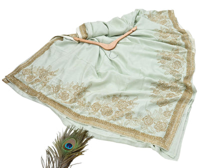 Rare Vintage Olive Green Blend Silk Saree Hand Embroidered Fabric 5.5 Yard Sari Bollywood Party Wear Ethnic Designer Saree