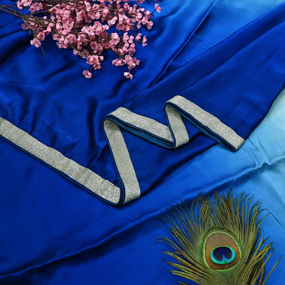 Rare Vintage Green & Blue Pure Satin Silk Saree Hand Embroidered Fabric 5.5 Yard Sari Bollywood Party Wear Designer Saree with blouse fabric