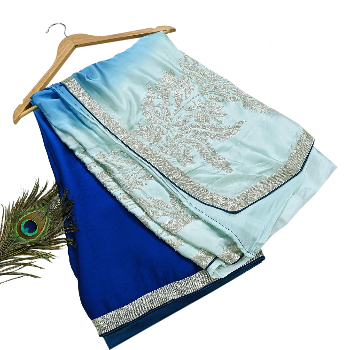 Rare Vintage Green & Blue Pure Satin Silk Saree Hand Embroidered Fabric 5.5 Yard Sari Bollywood Party Wear Designer Saree with blouse fabric