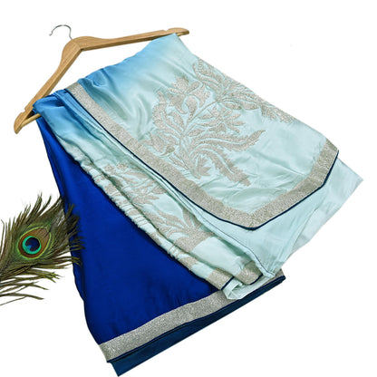Rare Vintage Green & Blue Pure Satin Silk Saree Hand Embroidered Fabric 5.5 Yard Sari Bollywood Party Wear Designer Saree with blouse fabric
