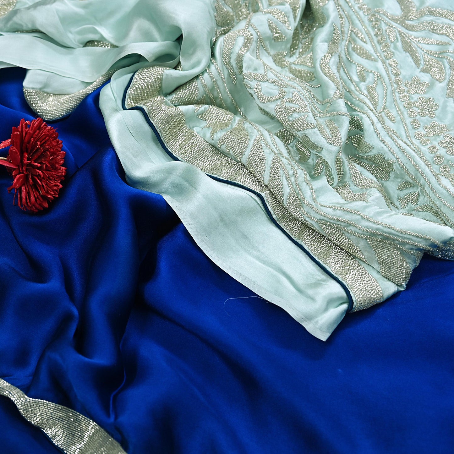 Rare Vintage Green & Blue Pure Satin Silk Saree Hand Embroidered Fabric 5.5 Yard Sari Bollywood Party Wear Designer Saree with blouse fabric