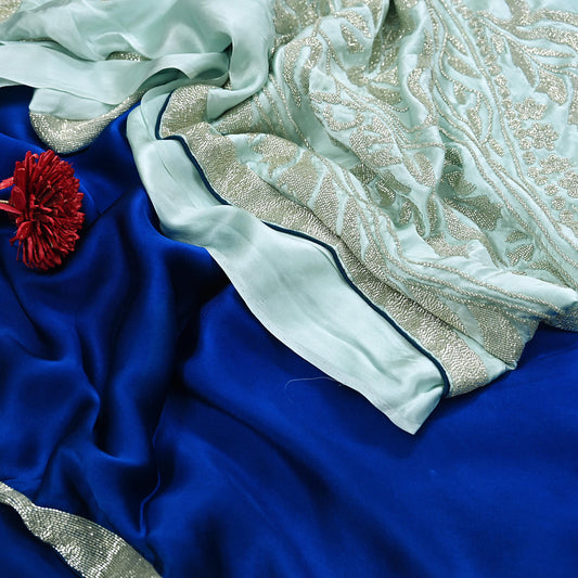 Rare Vintage Green & Blue Pure Satin Silk Saree Hand Embroidered Fabric 5.5 Yard Sari Bollywood Party Wear Designer Saree with blouse fabric