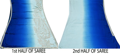 Rare Vintage Green & Blue Pure Satin Silk Saree Hand Embroidered Fabric 5.5 Yard Sari Bollywood Party Wear Designer Saree with blouse fabric