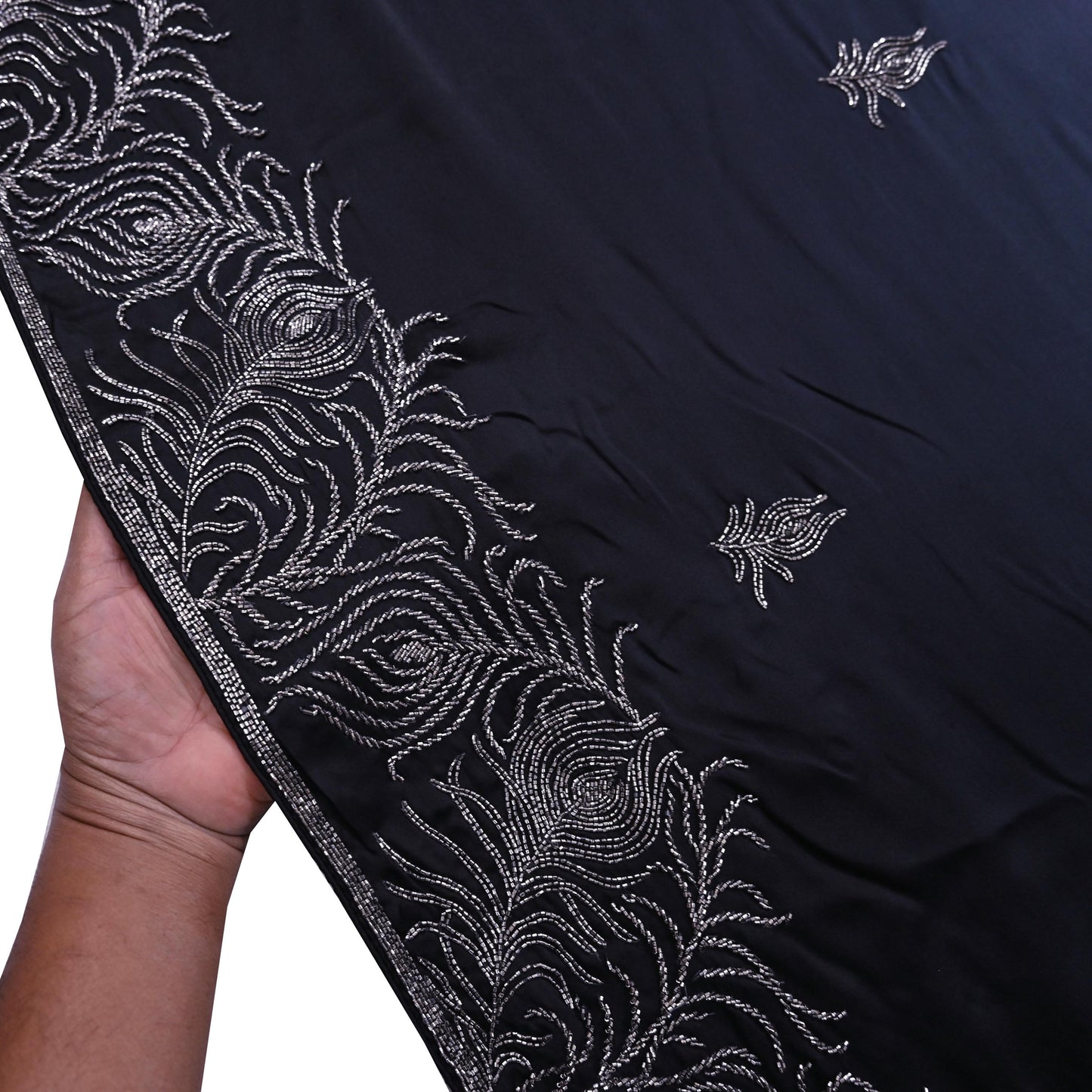Rare Vintage Black & Ivory Pure Satin Silk Saree Hand Embroidered Fabric 5.5 Yards Sari Bollywood Party Wear Ethnic Designer Saree
