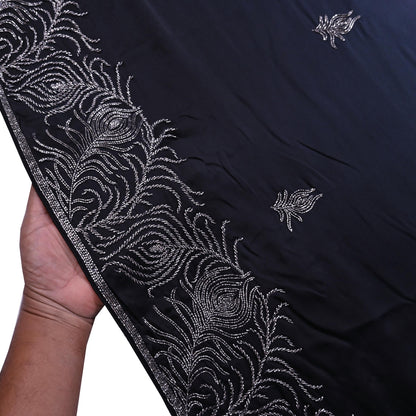 Rare Vintage Black & Ivory Pure Satin Silk Saree Hand Embroidered Fabric 5.5 Yards Sari Bollywood Party Wear Ethnic Designer Saree