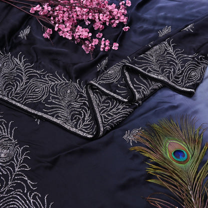 Rare Vintage Black & Ivory Pure Satin Silk Saree Hand Embroidered Fabric 5.5 Yards Sari Bollywood Party Wear Ethnic Designer Saree