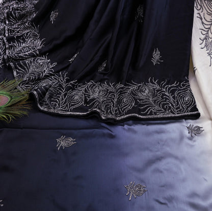 Rare Vintage Black & Ivory Pure Satin Silk Saree Hand Embroidered Fabric 5.5 Yards Sari Bollywood Party Wear Ethnic Designer Saree