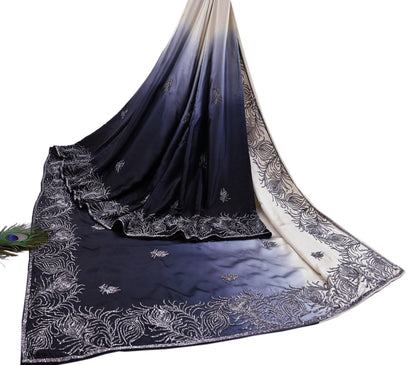 Rare Vintage Black & Ivory Pure Satin Silk Saree Hand Embroidered Fabric 5.5 Yards Sari Bollywood Party Wear Ethnic Designer Saree
