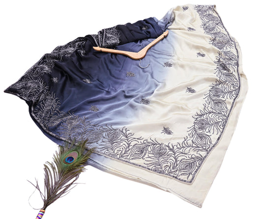 Rare Vintage Black & Ivory Pure Satin Silk Saree Hand Embroidered Fabric 5.5 Yards Sari Bollywood Party Wear Ethnic Designer Saree