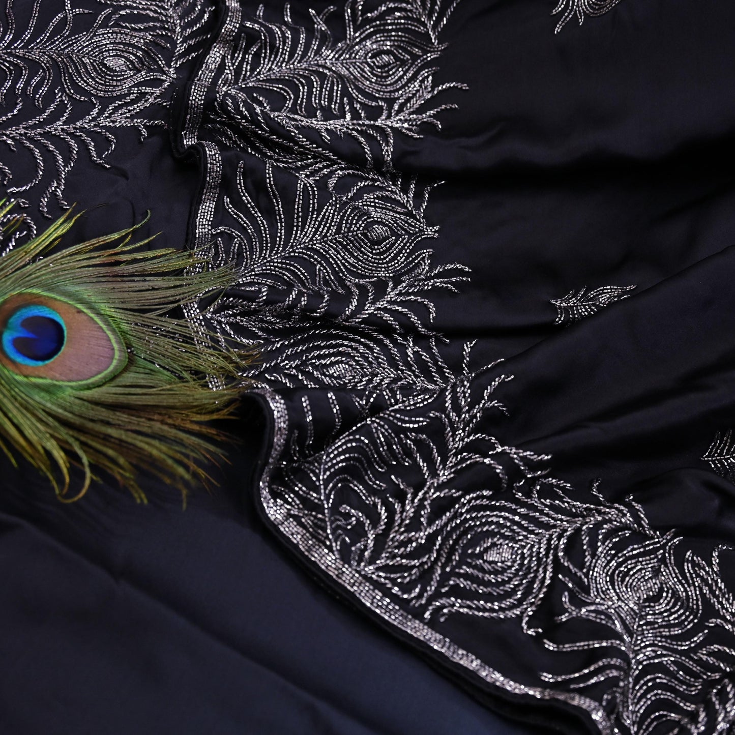 Rare Vintage Black & Ivory Pure Satin Silk Saree Hand Embroidered Fabric 5.5 Yards Sari Bollywood Party Wear Ethnic Designer Saree