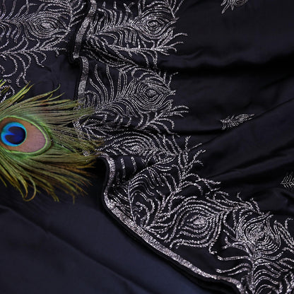 Rare Vintage Black & Ivory Pure Satin Silk Saree Hand Embroidered Fabric 5.5 Yards Sari Bollywood Party Wear Ethnic Designer Saree
