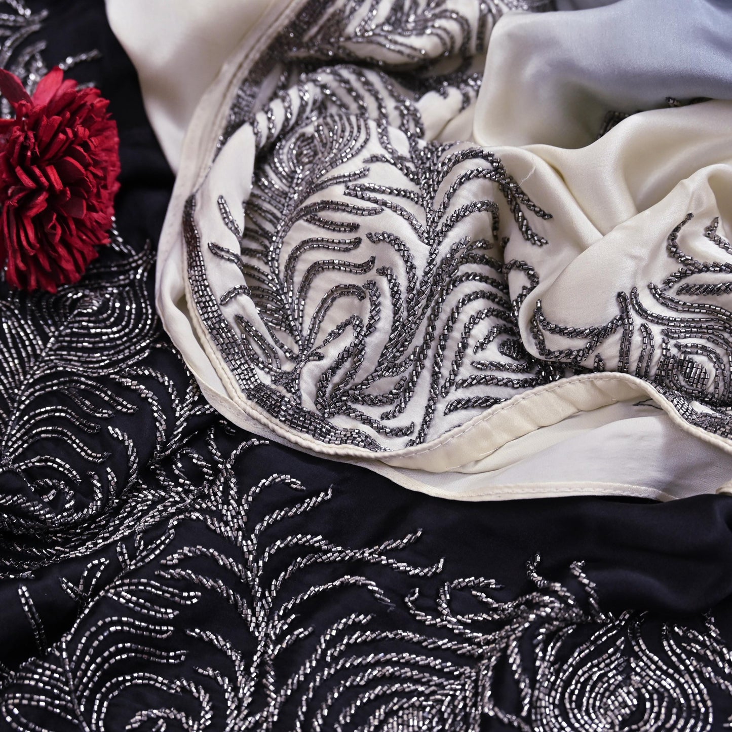 Rare Vintage Black & Ivory Pure Satin Silk Saree Hand Embroidered Fabric 5.5 Yards Sari Bollywood Party Wear Ethnic Designer Saree