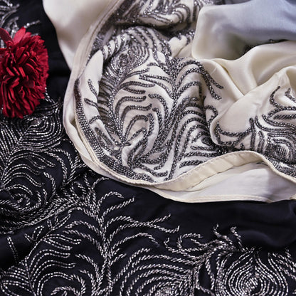 Rare Vintage Black & Ivory Pure Satin Silk Saree Hand Embroidered Fabric 5.5 Yards Sari Bollywood Party Wear Ethnic Designer Saree