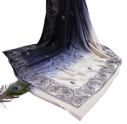 Rare Vintage Black & Ivory Pure Satin Silk Saree Hand Embroidered Fabric 5.5 Yards Sari Bollywood Party Wear Ethnic Designer Saree