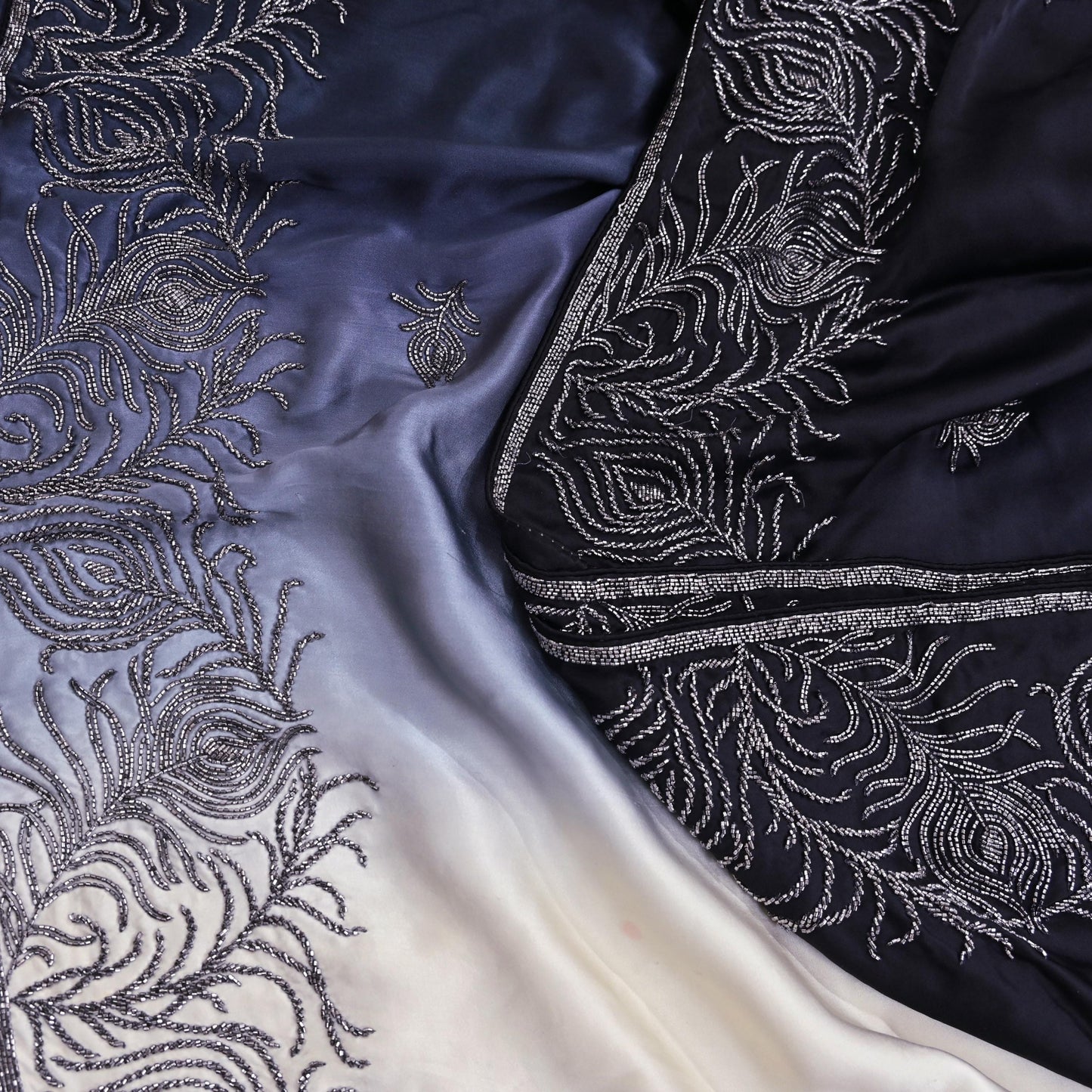 Rare Vintage Black & Ivory Pure Satin Silk Saree Hand Embroidered Fabric 5.5 Yards Sari Bollywood Party Wear Ethnic Designer Saree