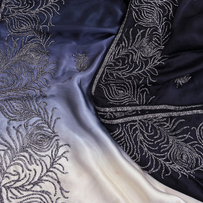 Rare Vintage Black & Ivory Pure Satin Silk Saree Hand Embroidered Fabric 5.5 Yards Sari Bollywood Party Wear Ethnic Designer Saree