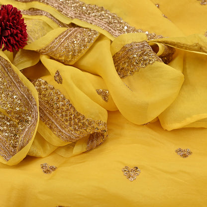 Rare Vintage Yellow Pure Organza Silk Saree Zardozi Hand Embroidered Designer Sabyasachi Sari 5.5 Yard Bollywood Party Wear