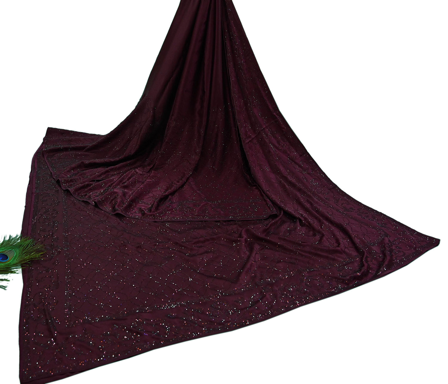 Rare Vintage Wine Pure Satin Silk Saree Hand Embroidered Fabric 5.5 Yards Sari Bollywood Party Wear Ethnic Designer Saree