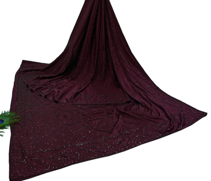 Rare Vintage Wine Pure Satin Silk Saree Hand Embroidered Fabric 5.5 Yards Sari Bollywood Party Wear Ethnic Designer Saree