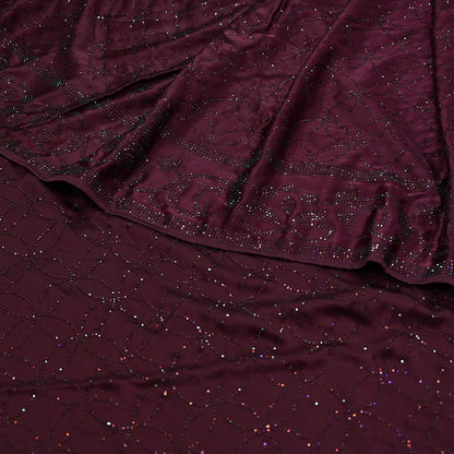 Rare Vintage Wine Pure Satin Silk Saree Hand Embroidered Fabric 5.5 Yards Sari Bollywood Party Wear Ethnic Designer Saree