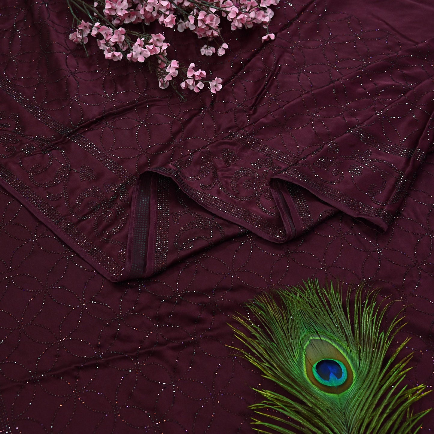 Rare Vintage Wine Pure Satin Silk Saree Hand Embroidered Fabric 5.5 Yards Sari Bollywood Party Wear Ethnic Designer Saree