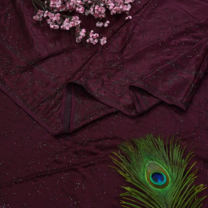 Rare Vintage Wine Pure Satin Silk Saree Hand Embroidered Fabric 5.5 Yards Sari Bollywood Party Wear Ethnic Designer Saree