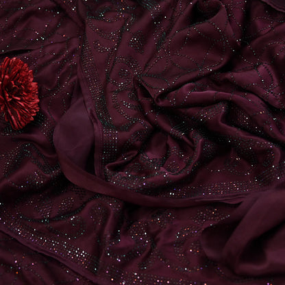 Rare Vintage Wine Pure Satin Silk Saree Hand Embroidered Fabric 5.5 Yards Sari Bollywood Party Wear Ethnic Designer Saree