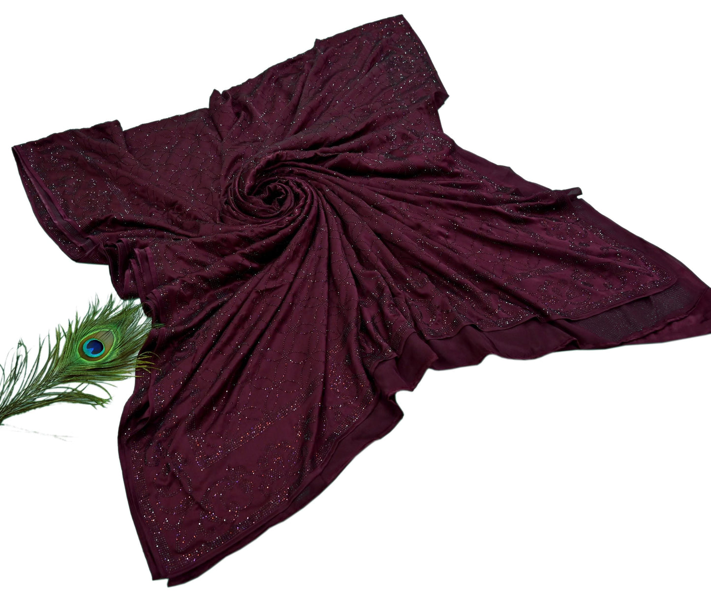 Rare Vintage Wine Pure Satin Silk Saree Hand Embroidered Fabric 5.5 Yards Sari Bollywood Party Wear Ethnic Designer Saree