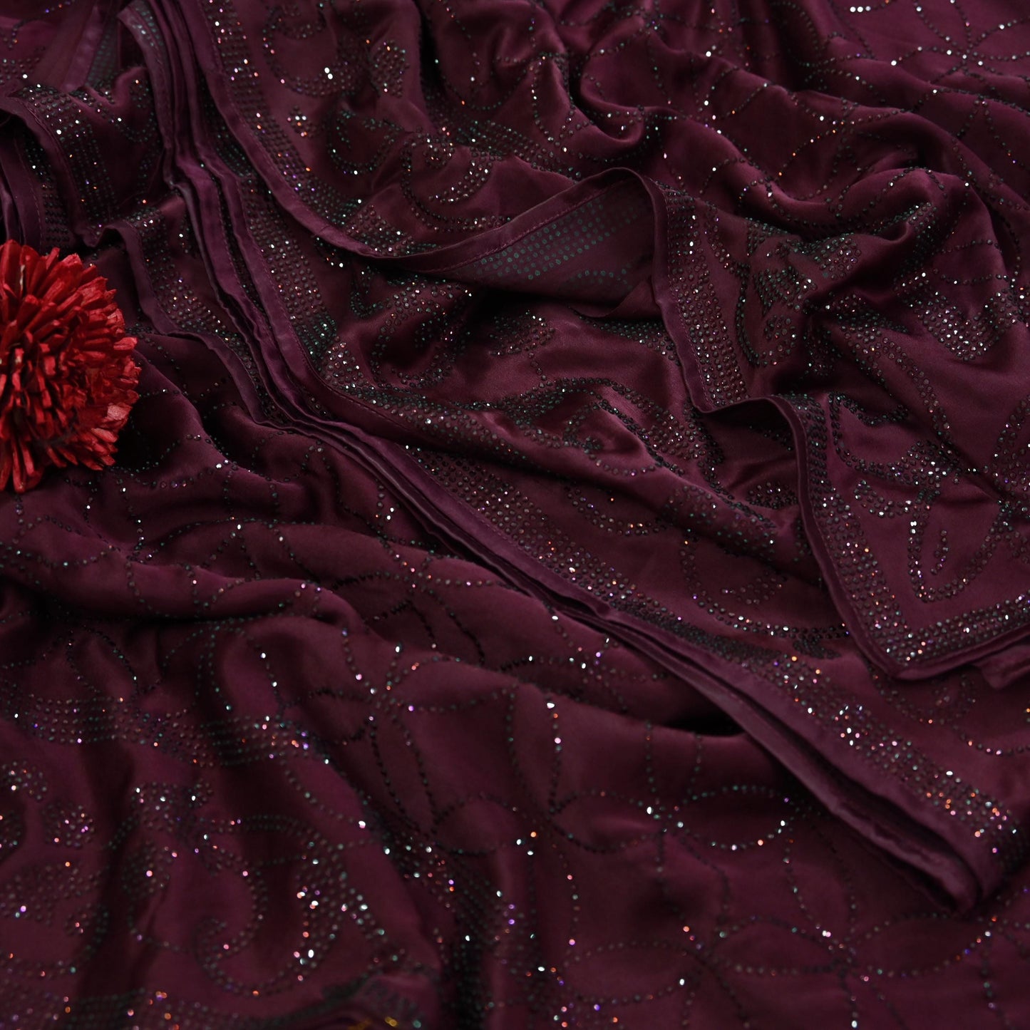 Rare Vintage Wine Pure Satin Silk Saree Hand Embroidered Fabric 5.5 Yards Sari Bollywood Party Wear Ethnic Designer Saree