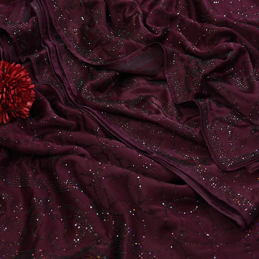 Rare Vintage Wine Pure Satin Silk Saree Hand Embroidered Fabric 5.5 Yards Sari Bollywood Party Wear Ethnic Designer Saree