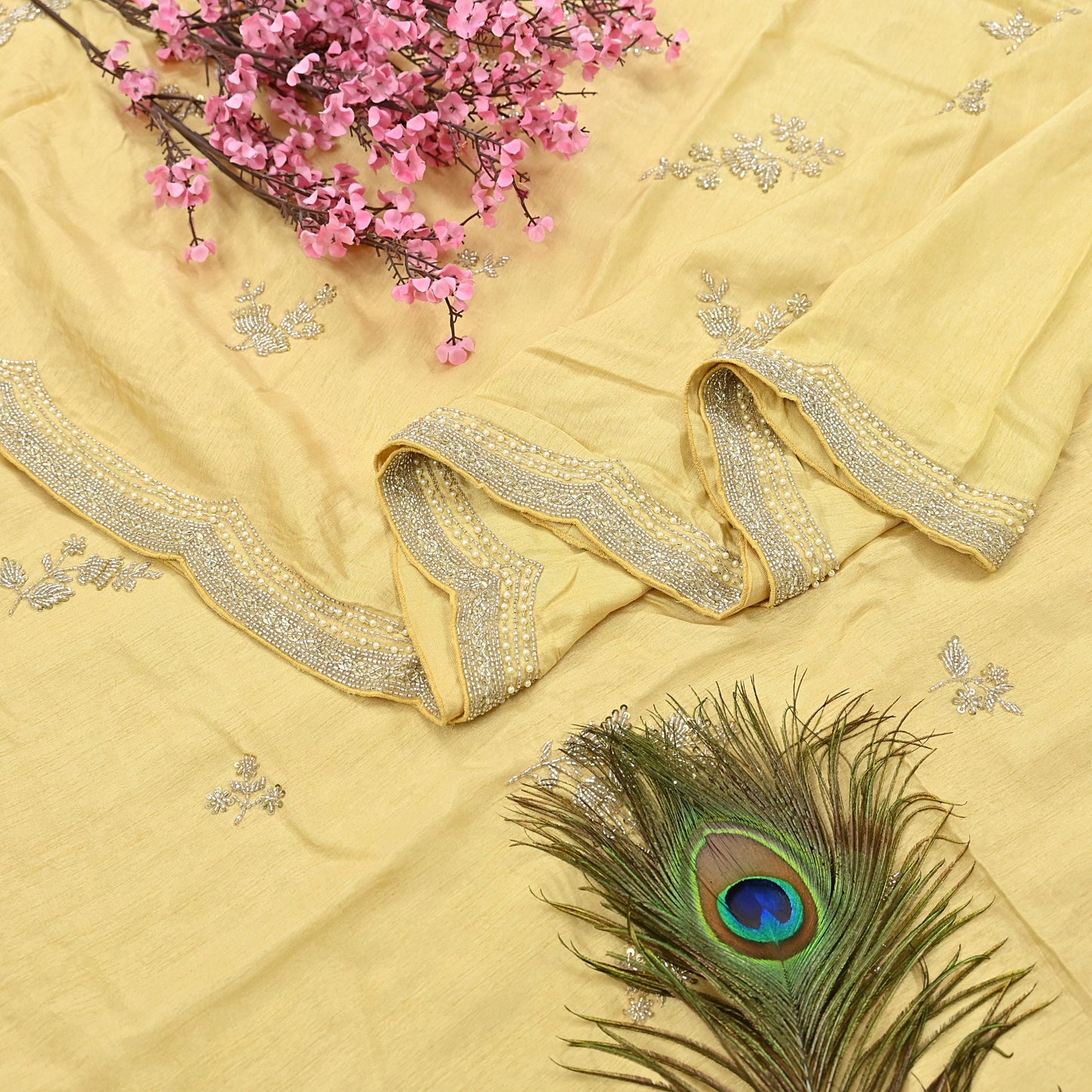 Rare Vintage Yellow Blend Silk Saree Hand Embroidered Fabric 5.5 Yard Sari Bollywood Party Wear Ethnic Designer Saree