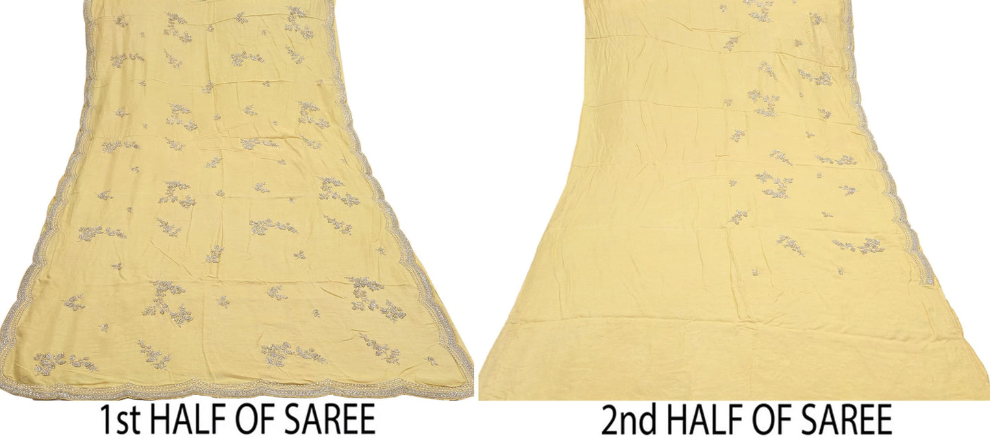 Rare Vintage Yellow Blend Silk Saree Hand Embroidered Fabric 5.5 Yard Sari Bollywood Party Wear Ethnic Designer Saree