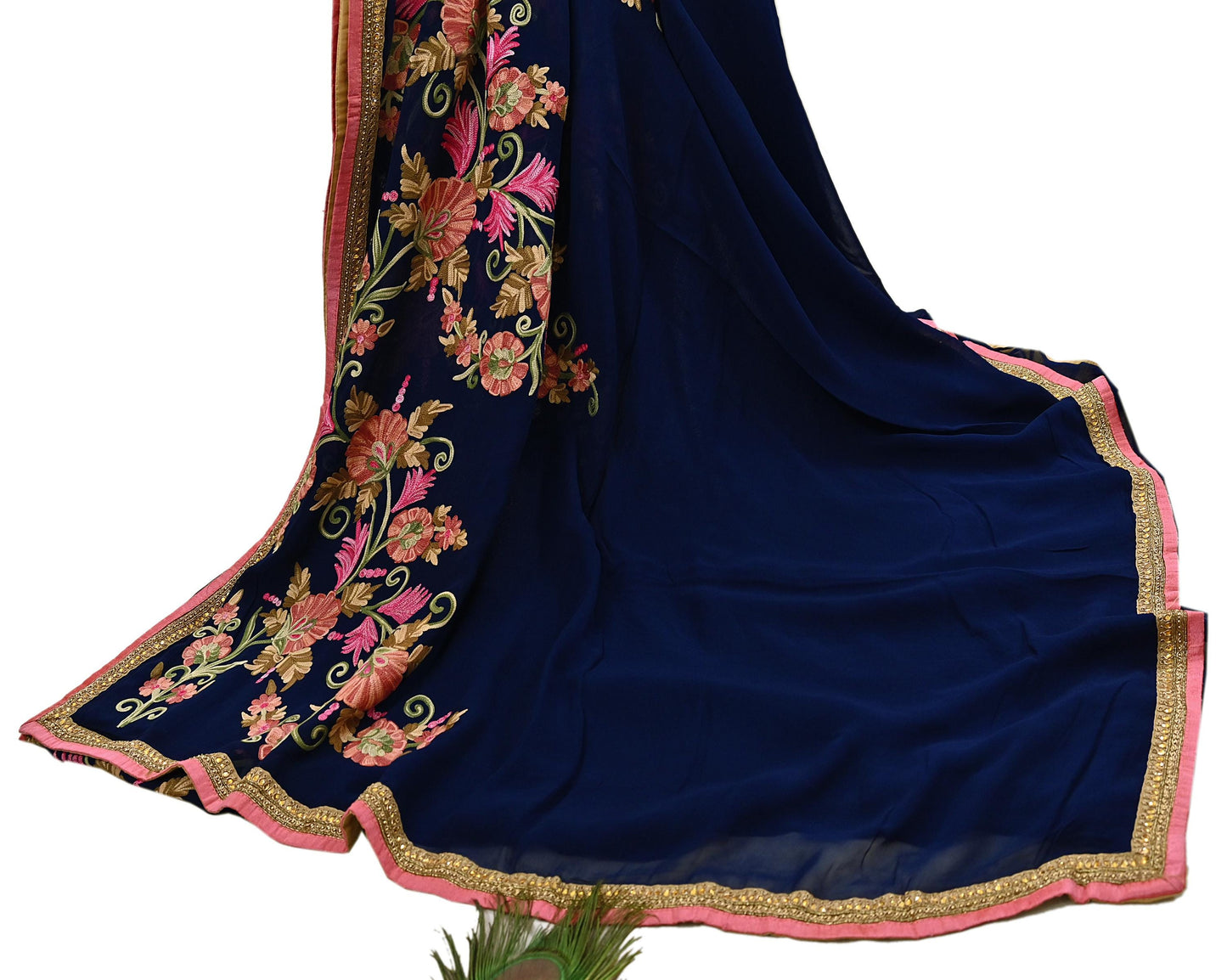 Rare Vintage Blue Georgette Silk Saree Zardozi Hand Embroidered Designer Sabyasachi Sari 5.5 Yard Bollywood Party Wear