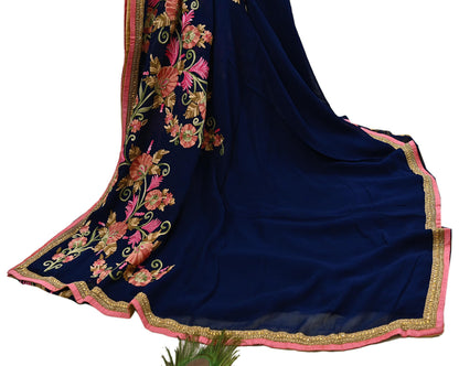 Rare Vintage Blue Georgette Silk Saree Zardozi Hand Embroidered Designer Sabyasachi Sari 5.5 Yard Bollywood Party Wear