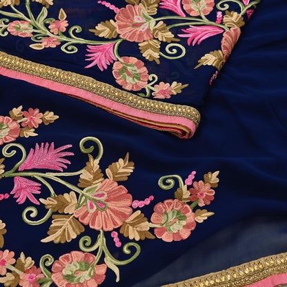Rare Vintage Blue Georgette Silk Saree Zardozi Hand Embroidered Designer Sabyasachi Sari 5.5 Yard Bollywood Party Wear