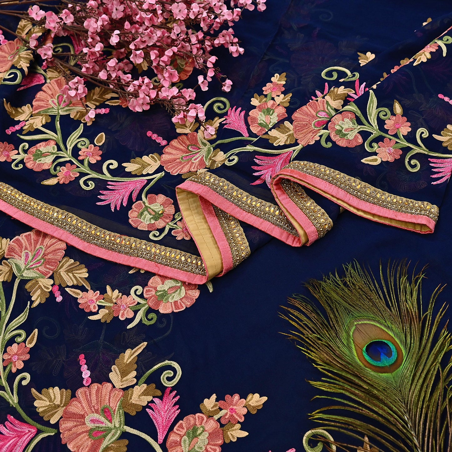 Rare Vintage Blue Georgette Silk Saree Zardozi Hand Embroidered Designer Sabyasachi Sari 5.5 Yard Bollywood Party Wear