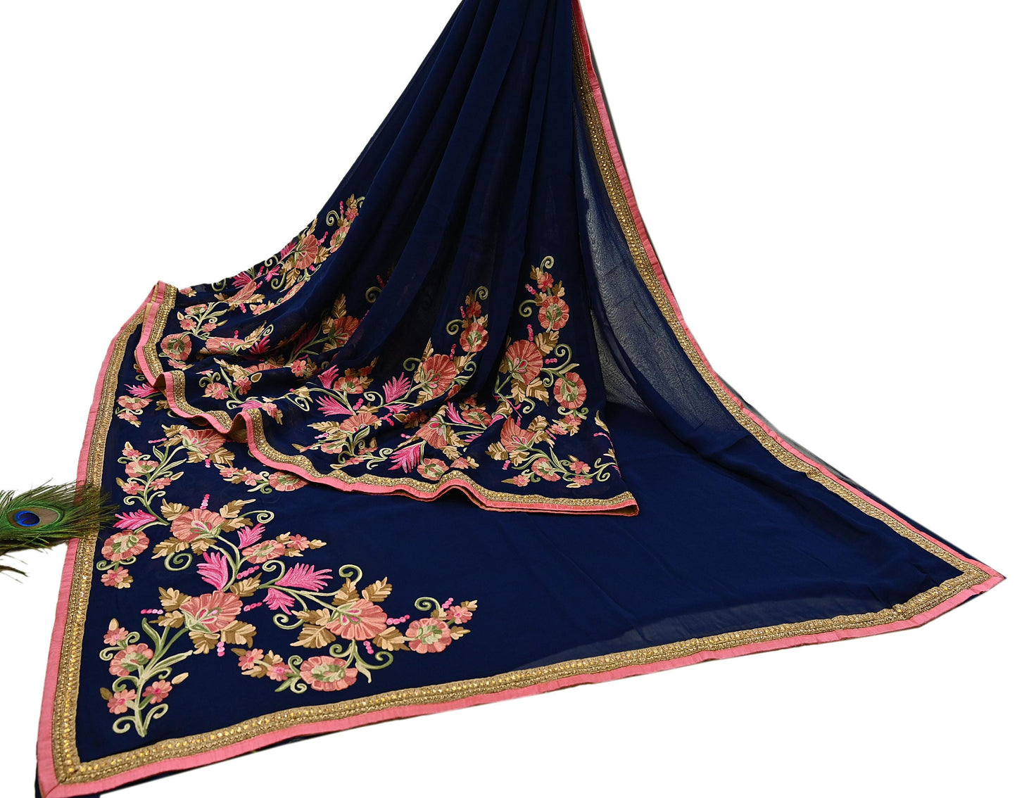 Rare Vintage Blue Georgette Silk Saree Zardozi Hand Embroidered Designer Sabyasachi Sari 5.5 Yard Bollywood Party Wear