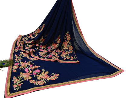Rare Vintage Blue Georgette Silk Saree Zardozi Hand Embroidered Designer Sabyasachi Sari 5.5 Yard Bollywood Party Wear