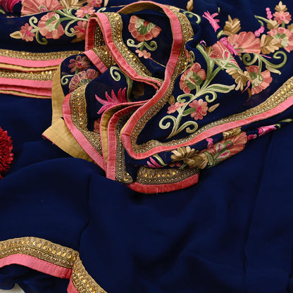 Rare Vintage Blue Georgette Silk Saree Zardozi Hand Embroidered Designer Sabyasachi Sari 5.5 Yard Bollywood Party Wear