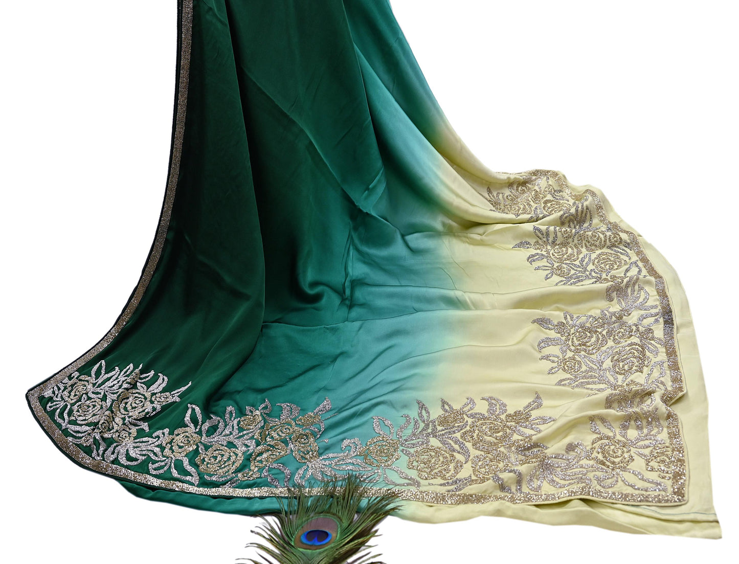 Rare Vintage Yellow & Green Pure Satin Silk Saree Hand Embroidered Fabric 6 Yards Sari Bollywood Party Wear Ethnic Designer Saree