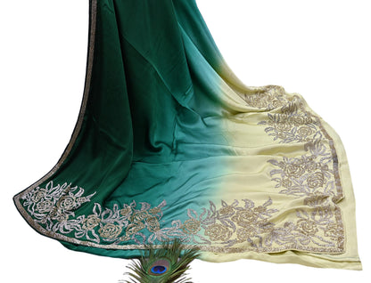 Rare Vintage Yellow & Green Pure Satin Silk Saree Hand Embroidered Fabric 6 Yards Sari Bollywood Party Wear Ethnic Designer Saree