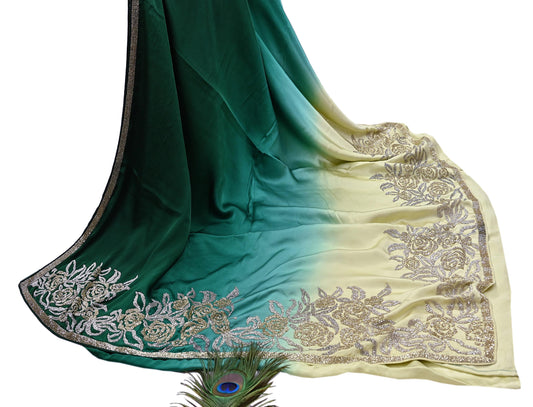 Rare Vintage Yellow & Green Pure Satin Silk Saree Hand Embroidered Fabric 6 Yards Sari Bollywood Party Wear Ethnic Designer Saree