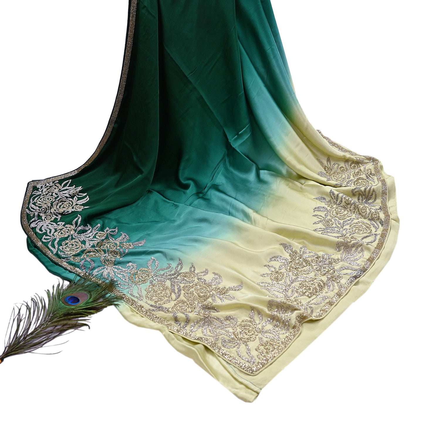 Rare Vintage Yellow & Green Pure Satin Silk Saree Hand Embroidered Fabric 6 Yards Sari Bollywood Party Wear Ethnic Designer Saree