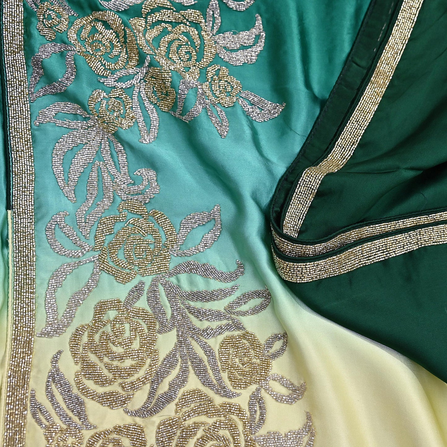 Rare Vintage Yellow & Green Pure Satin Silk Saree Hand Embroidered Fabric 6 Yards Sari Bollywood Party Wear Ethnic Designer Saree