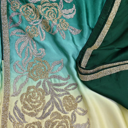 Rare Vintage Yellow & Green Pure Satin Silk Saree Hand Embroidered Fabric 6 Yards Sari Bollywood Party Wear Ethnic Designer Saree