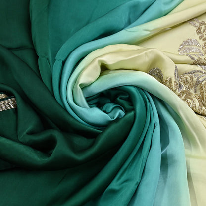 Rare Vintage Yellow & Green Pure Satin Silk Saree Hand Embroidered Fabric 6 Yards Sari Bollywood Party Wear Ethnic Designer Saree