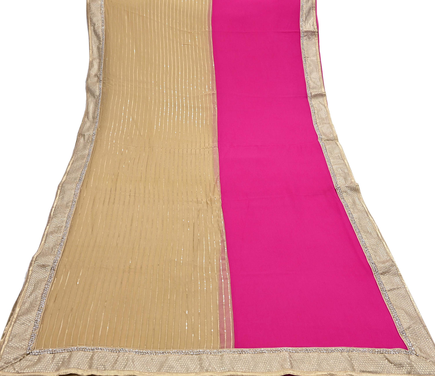 Rare Vintage Beige & Pink Blend Chiffon Saree Hand Embroidered Fabric 6 Yards Sari Bollywood Party Wear Ethnic Designer Saree