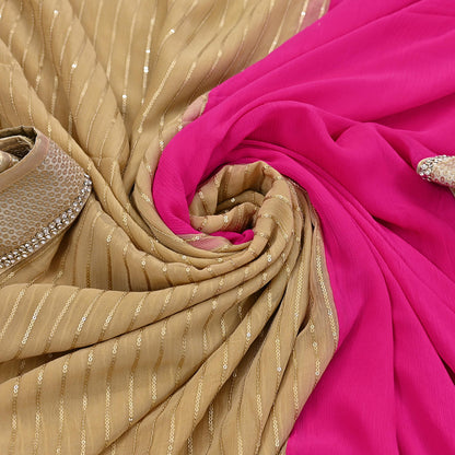 Rare Vintage Beige & Pink Blend Chiffon Saree Hand Embroidered Fabric 6 Yards Sari Bollywood Party Wear Ethnic Designer Saree